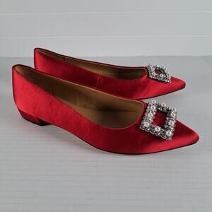 J Crew Embellished Flats Womens 6 Red Satin Pointed Toe Slip On Holiday Classic